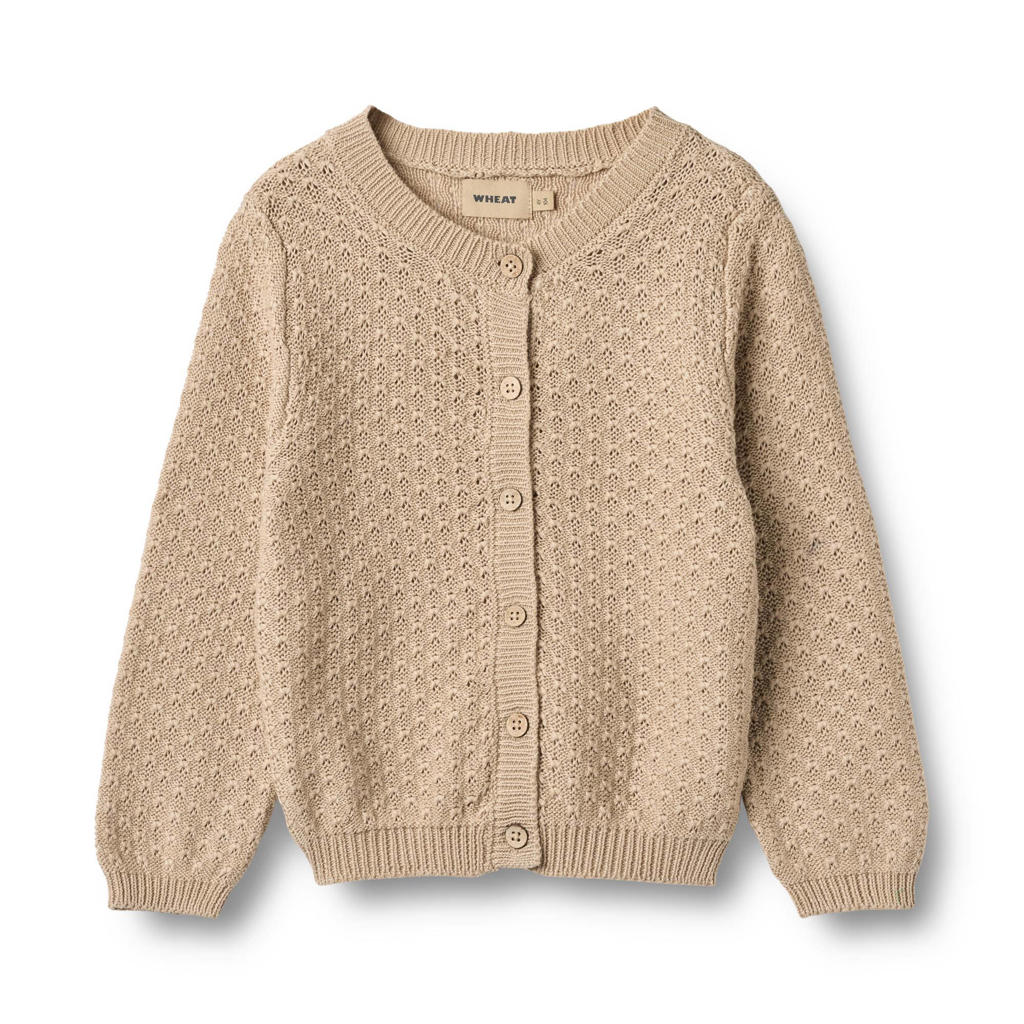 Ecru meisjes Wheat vest fijn gebreid van katoen met effen, lange mouwen, ronde hals en knoopsluiting