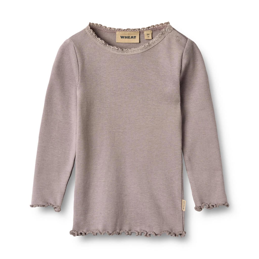 Paarse meisjes Wheat longsleeve van katoen met effen, lange mouwen, ronde hals, drukknoopsluiting en ruches