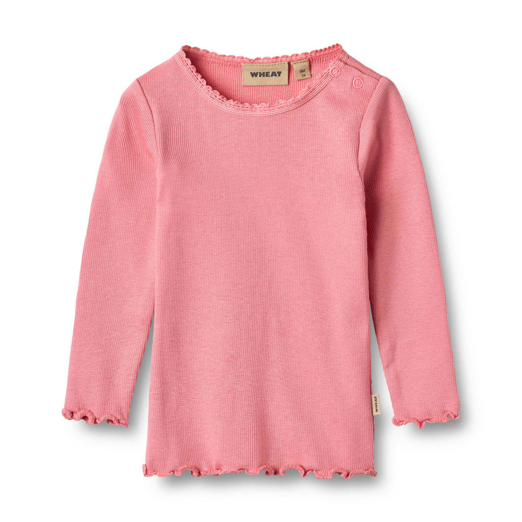 Roze meisjes Wheat longsleeve van katoen met effen, lange mouwen, ronde hals, drukknoopsluiting en ruches