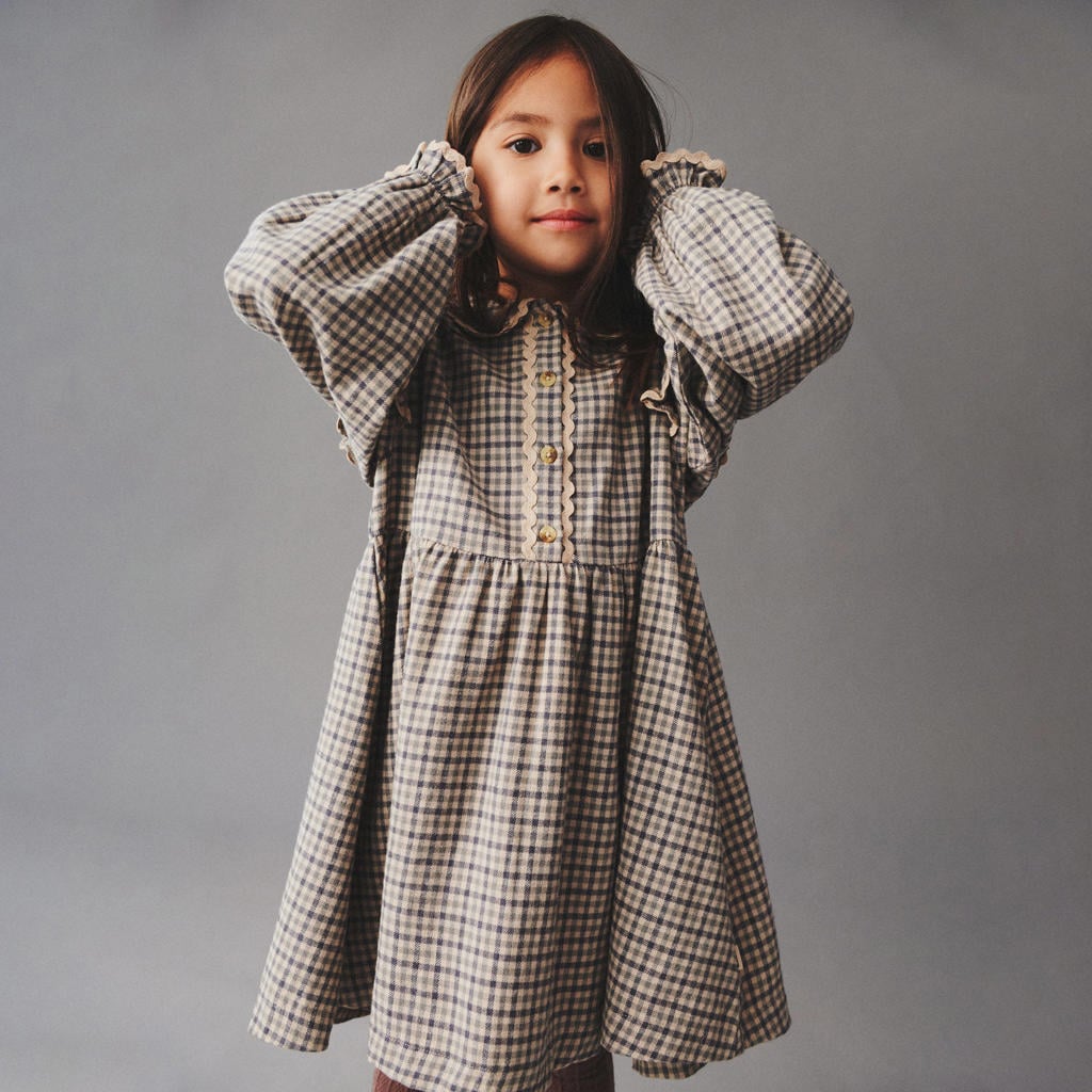 Bruine meisjes Wheat blousejurk van katoen met ruitenprint, lange mouwen, ronde hals, knoopsluiting en plooien
