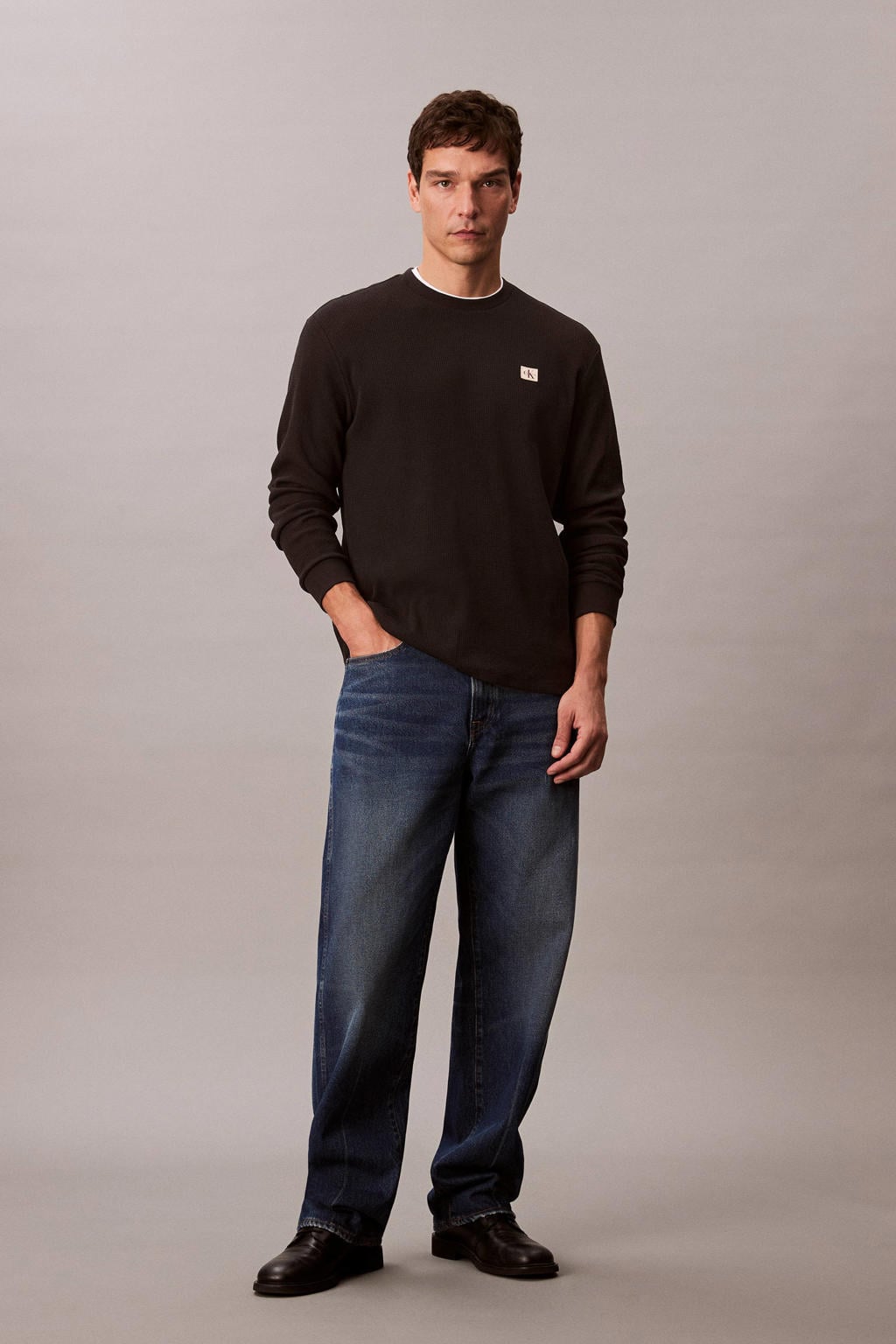 Zwarte heren CALVIN KLEIN JEANS longsleeve patroon met effen, lange mouwen en ronde hals