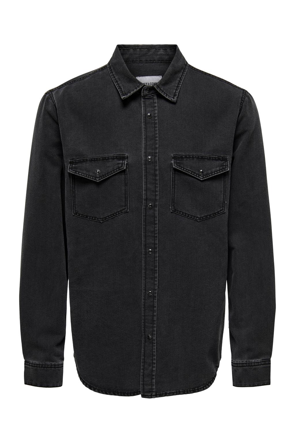 Black denim heren ONLY & SONS casual overhemd van denim met effen, lange mouwen, klassieke kraag en knoopsluiting