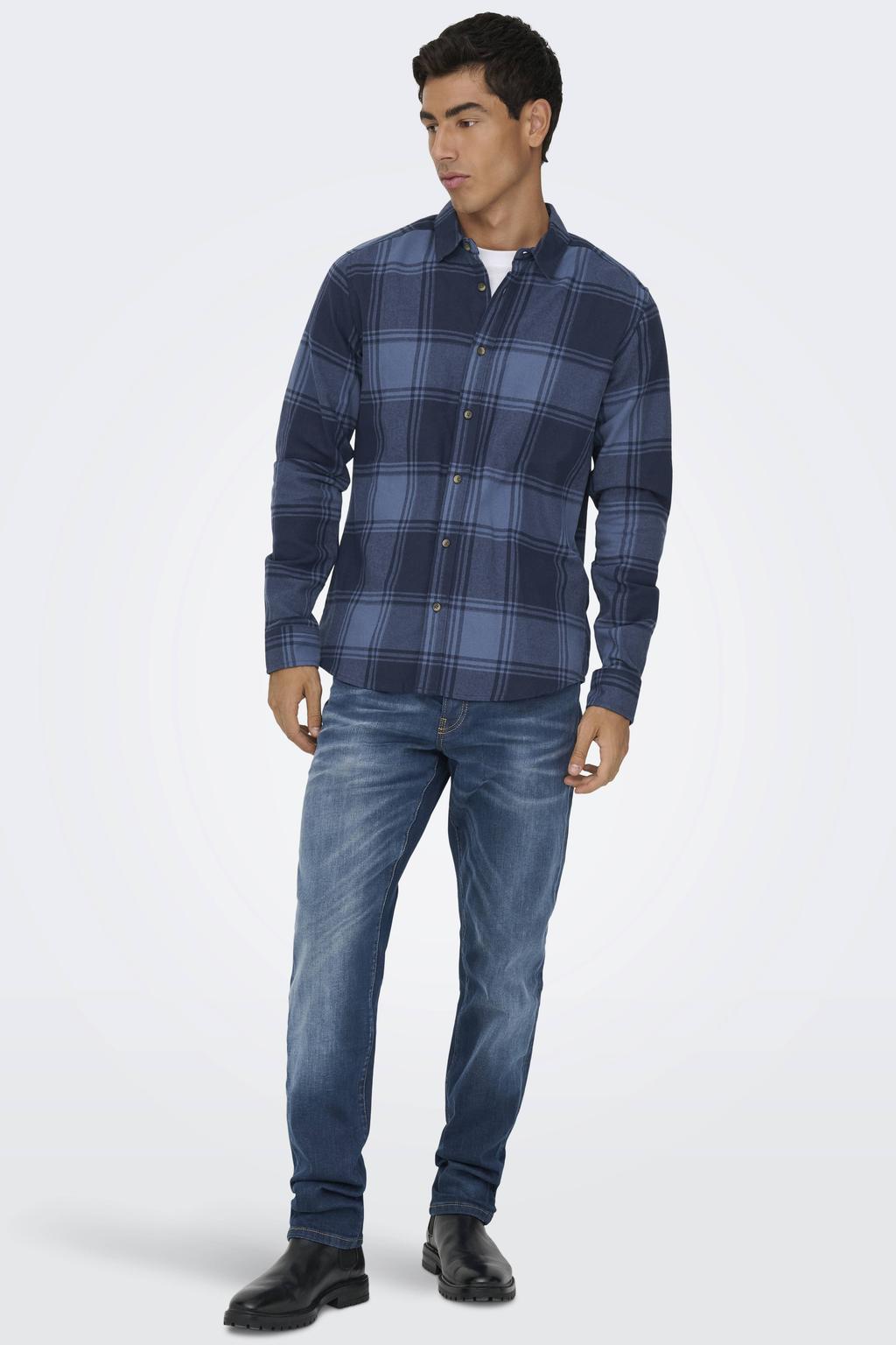 Blauwe heren ONLY & SONS casual overhemd van katoen met ruitenprint, lange mouwen, klassieke kraag en knoopsluiting