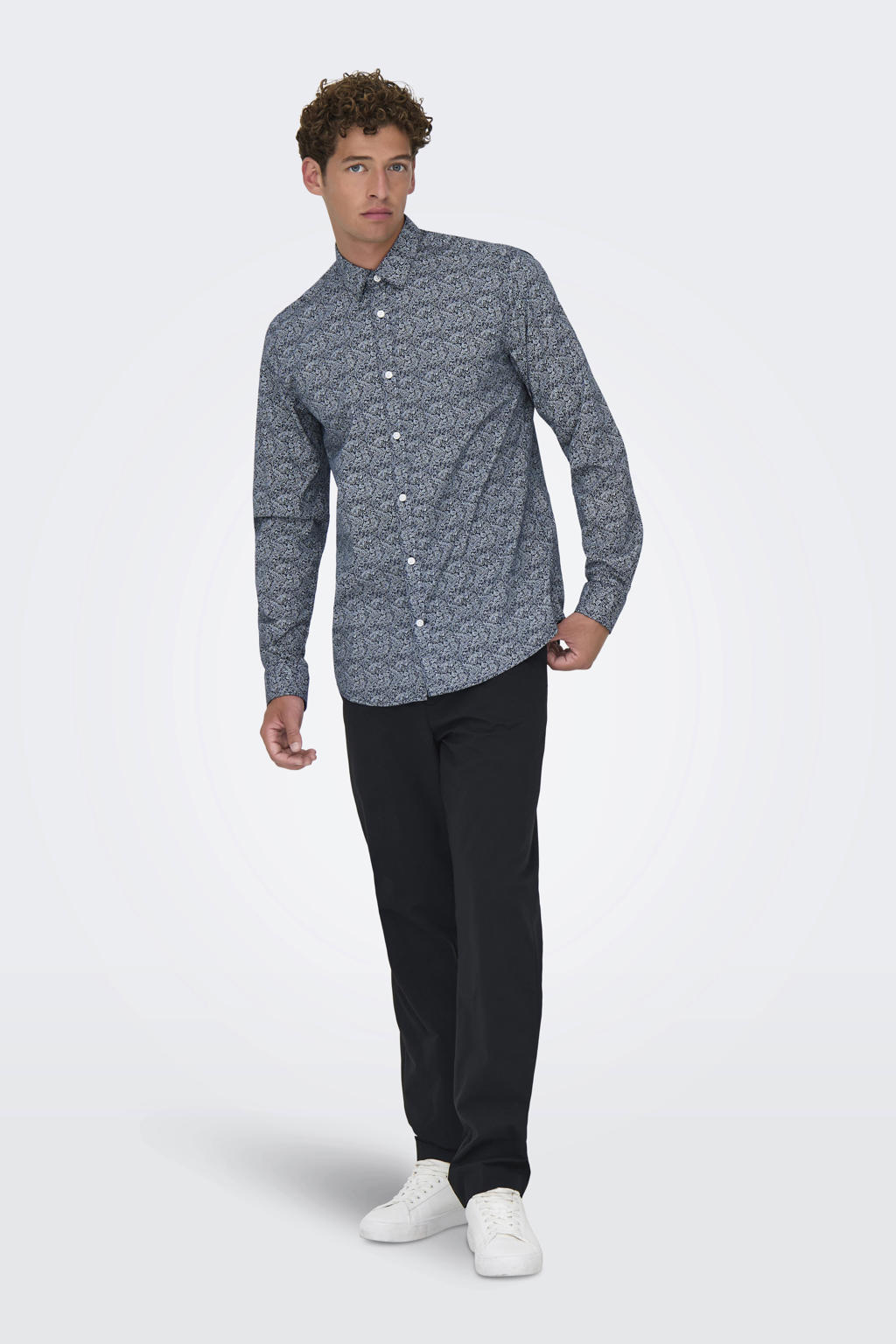 Blauwe heren ONLY & SONS casual overhemd van polyester met lange mouwen, klassieke kraag en knoopsluiting