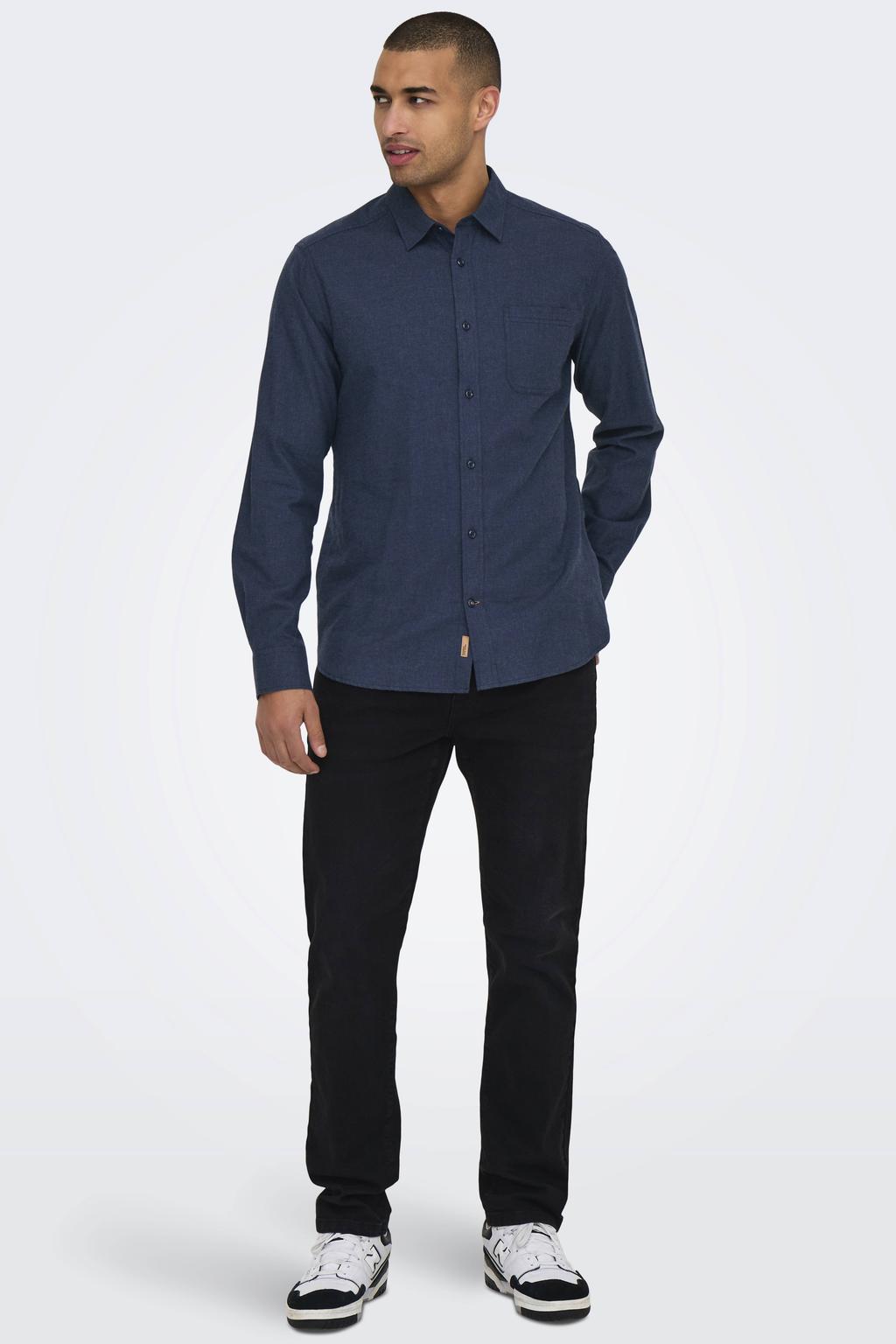 Donkerblauwe heren ONLY & SONS casual overhemd van katoen met melée print, lange mouwen, klassieke kraag en knoopsluiting