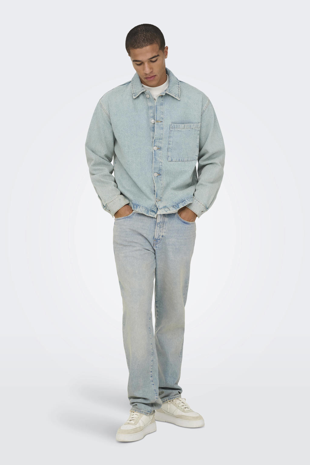 Light blue denim heren ONLY & SONS spijkerjas van denim met effen, lange mouwen, klassieke kraag en knoopsluiting