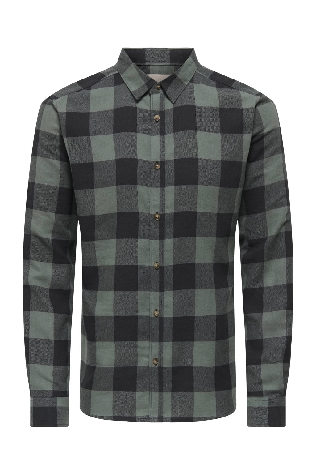 Groene heren ONLY & SONS casual overhemd van katoen met ruitenprint, lange mouwen, klassieke kraag en knoopsluiting