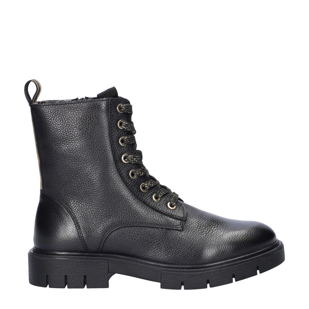 Zwarte meisjes Nelson Kids leren veterboots met rits- en vetersluiting