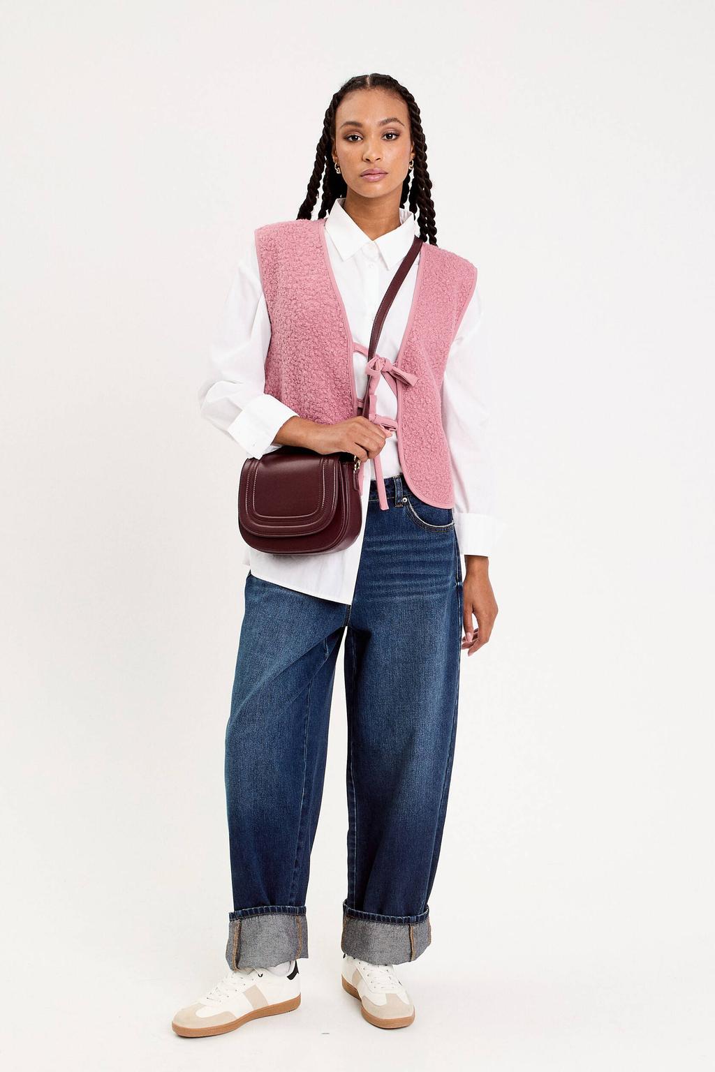 Oudroze dames Cache Cache teddy gilet met effen, V-hals en striksluiting