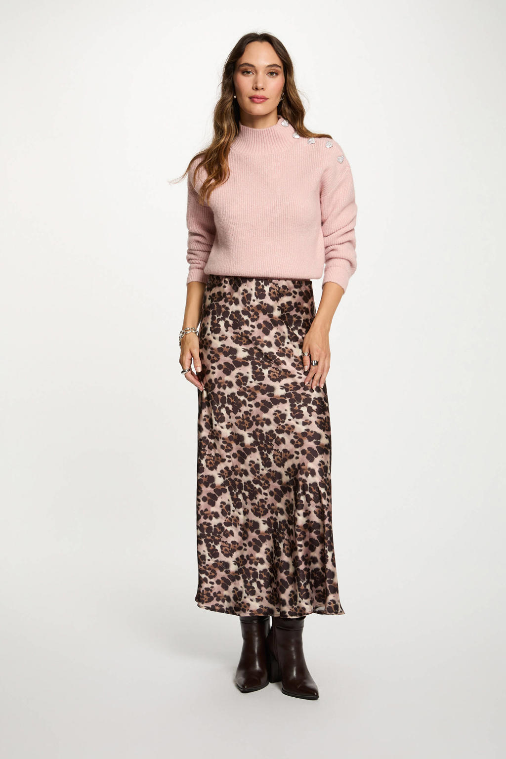 Roze en bruine dames Morgan midi rok gemaakt van polyester