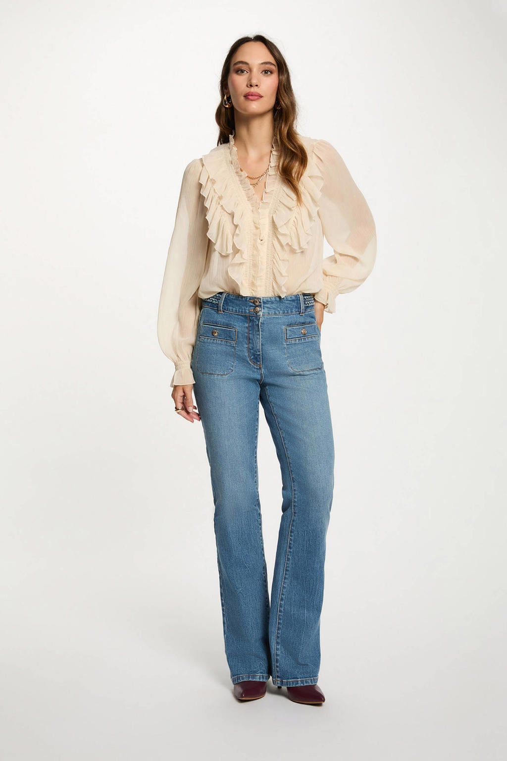 Beige dames Morgan blouse van polyester met effen, lange mouwen, V-hals en ruches
