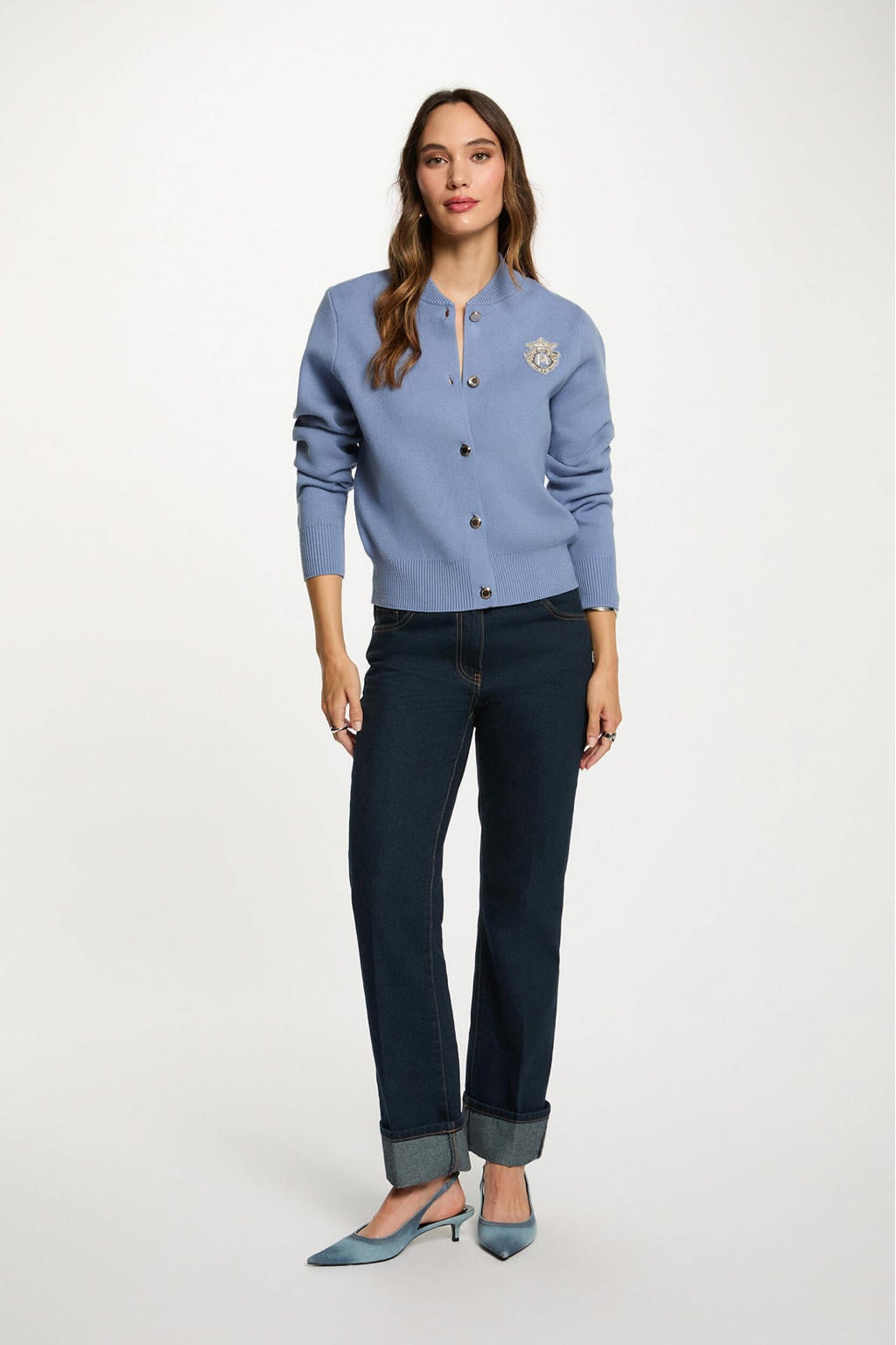 Blauwe dames Morgan gebreid vest van viscose met effen, lange mouwen, ronde hals, knoopsluiting en 3D applicatie