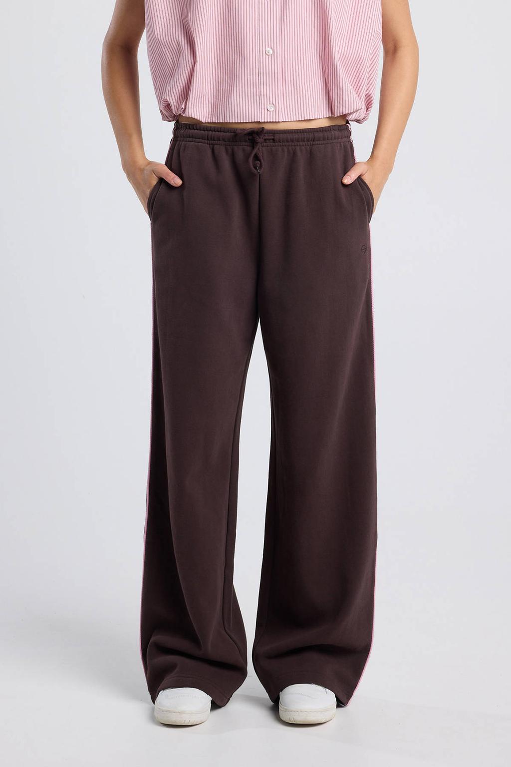 Bruine dames America Today regular waist casual broek van katoen met loose fit en effen