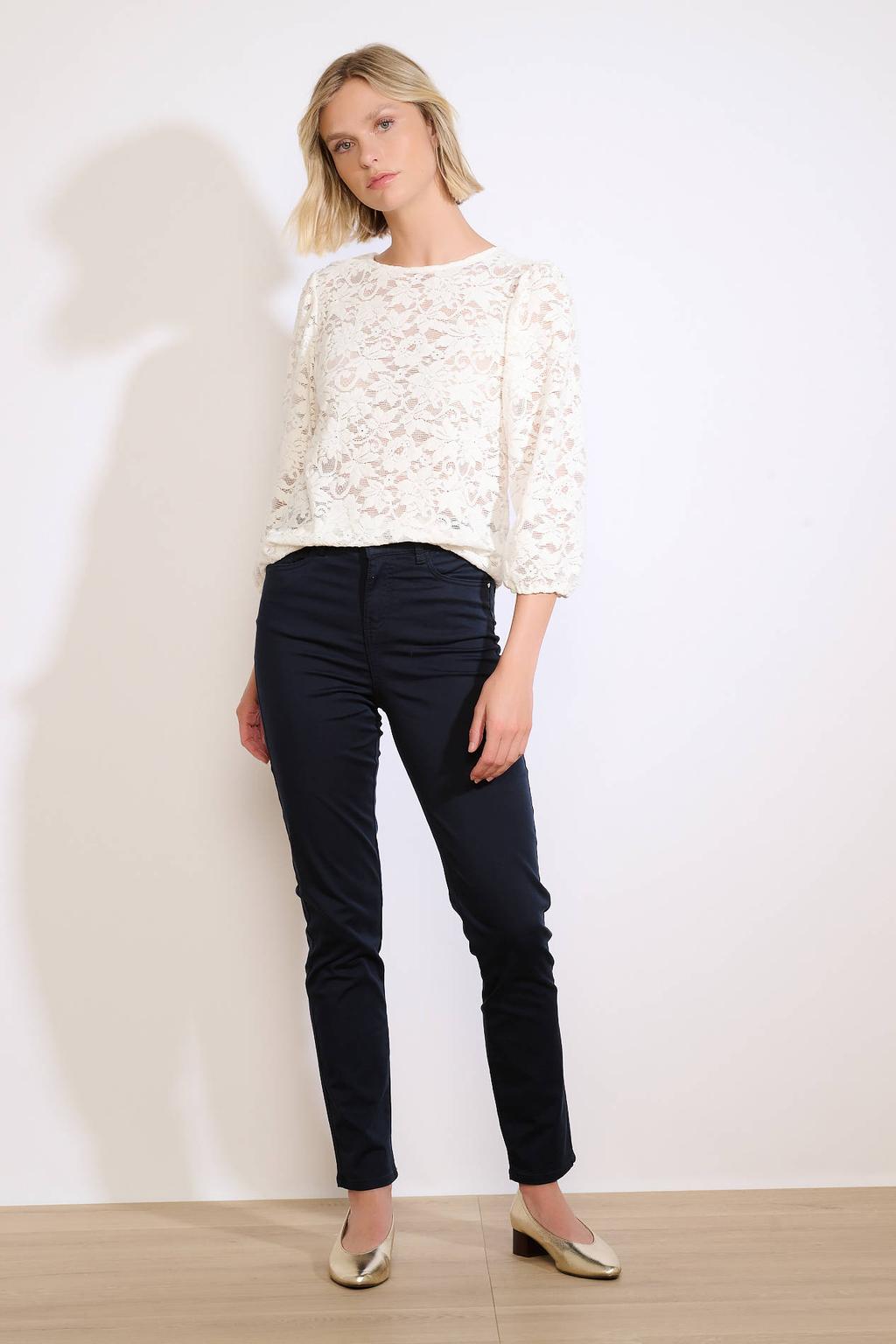 Ecru dames LOLALIZA kanten top met bloemenprint, driekwart mouwen en ronde hals
