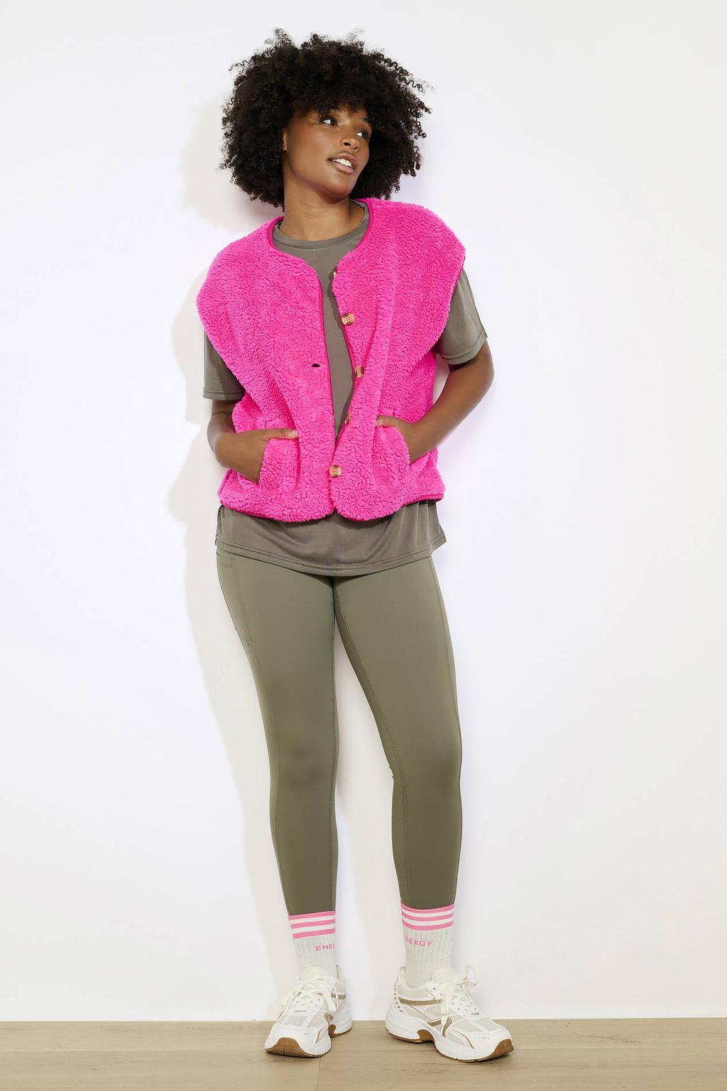 Roze dames LOLALIZA gilet van polyester met effen, korte mouwen, ronde hals en knoopsluiting