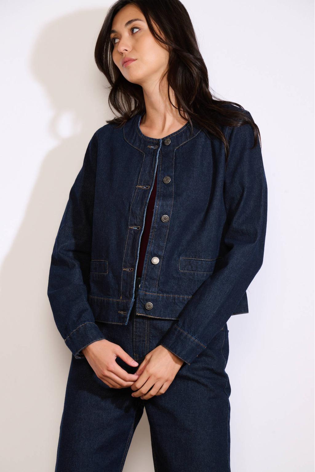 Dark blue denim dames LOLALIZA spijkerjas dark blue van denim met effen, lange mouwen en ronde hals