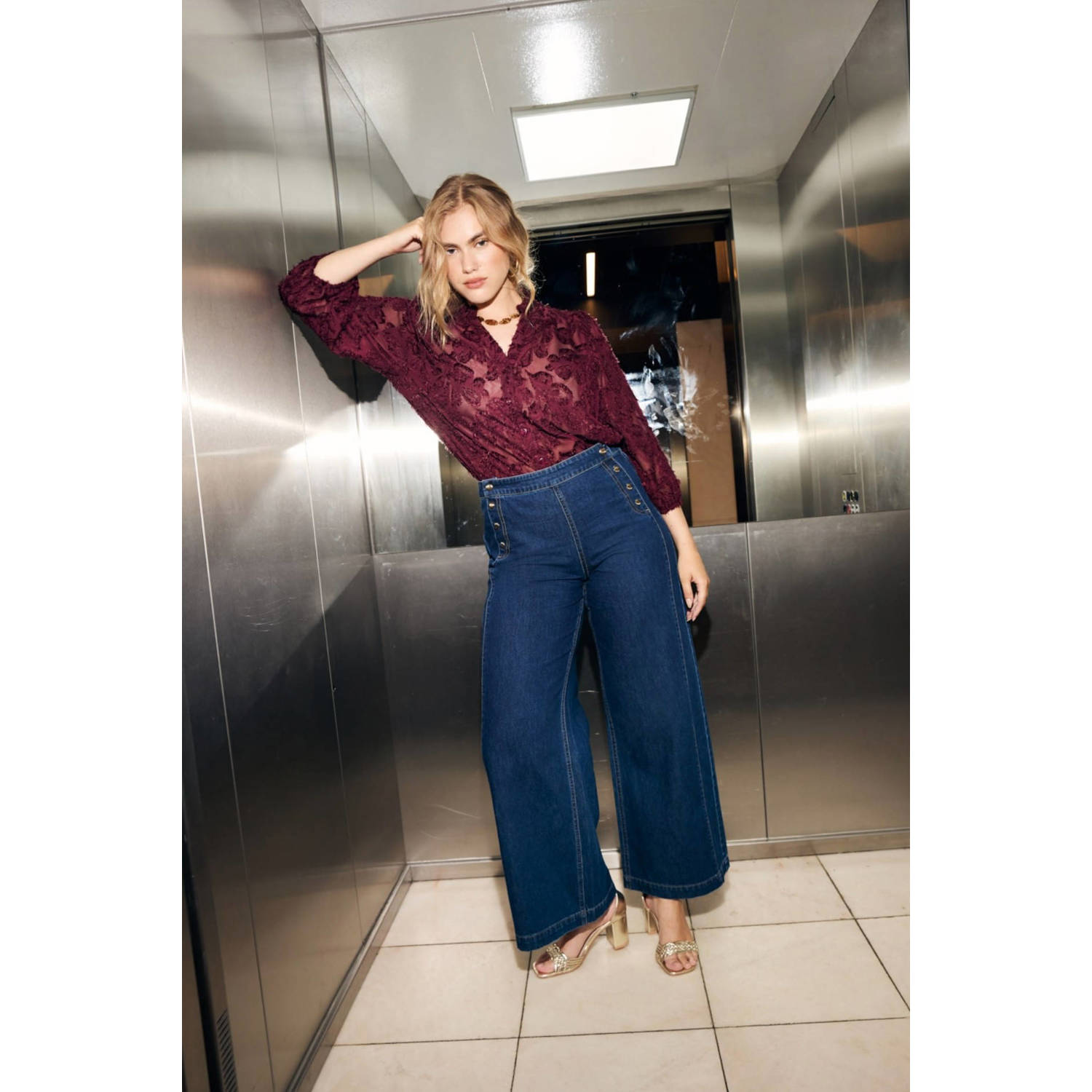 LOLALIZA high waist wide leg jeans dark blue denim