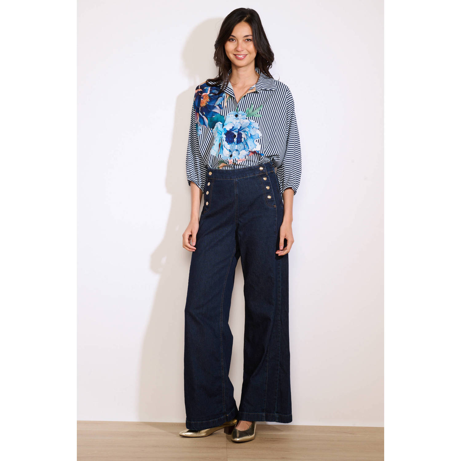LOLALIZA high waist wide leg jeans dark blue denim