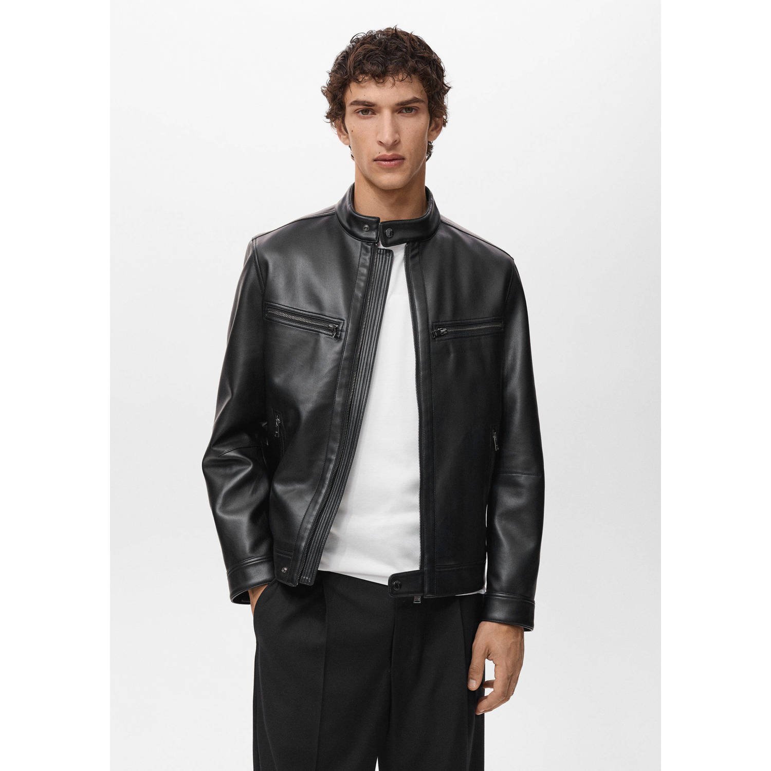Mango Man imitatieleren bikerjack zwart