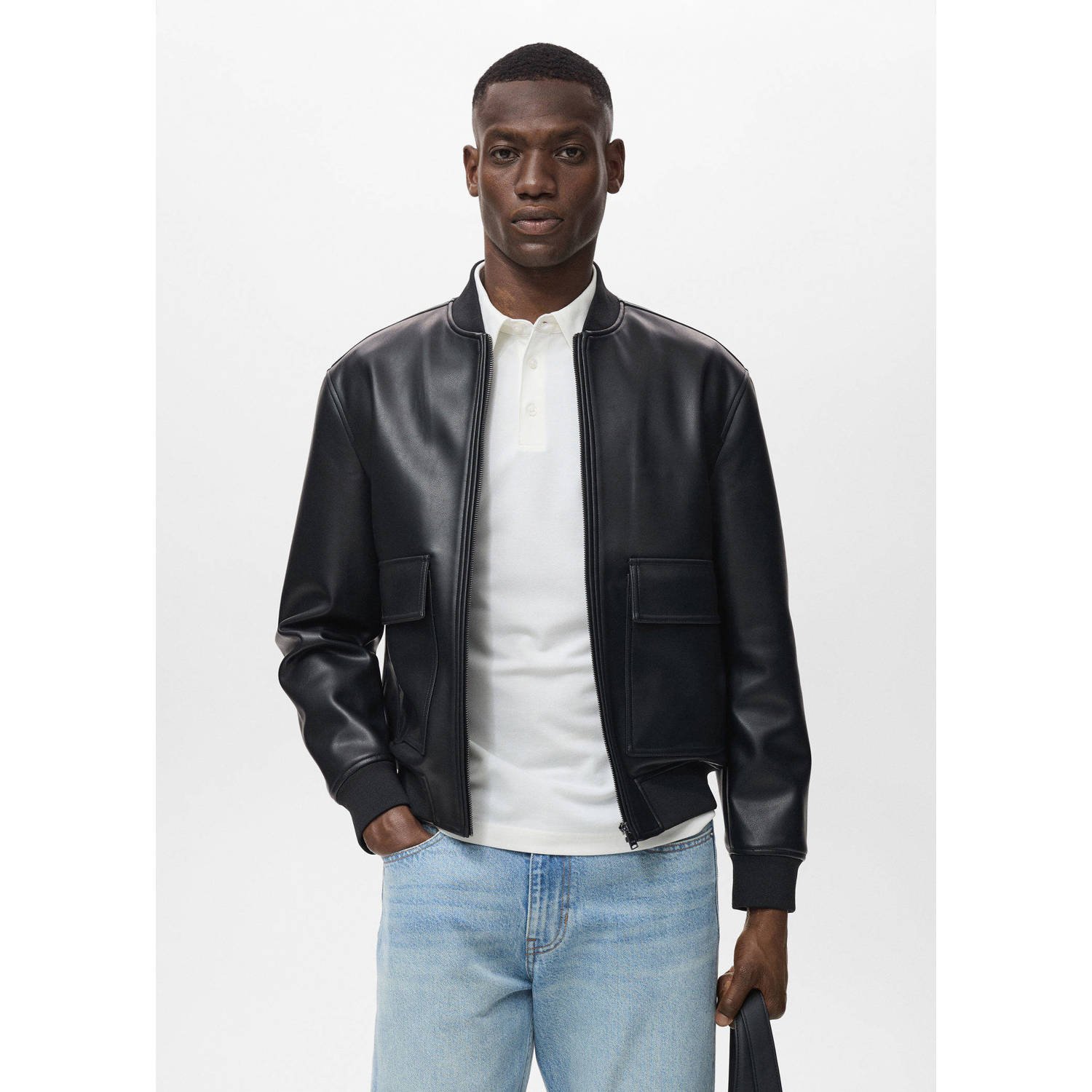 Mango Man imitatieleren bikerjack zwart