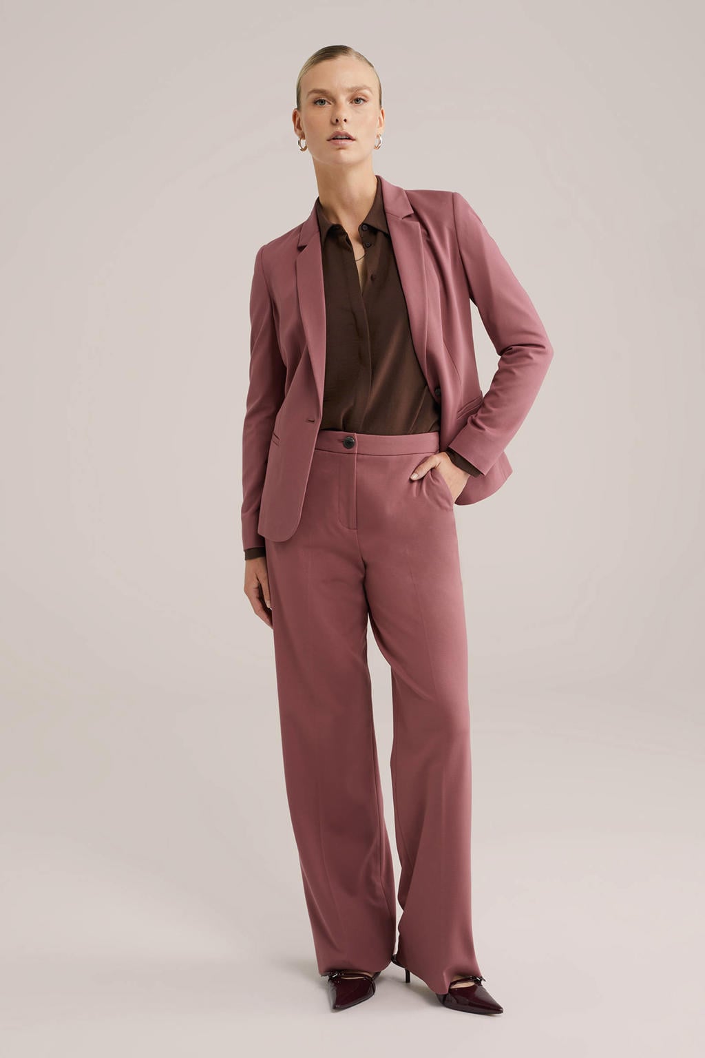 Donkerblauwe dames WE Fashion blouse van polyester met effen, lange mouwen, klassieke kraag en blinde knoopsluiting