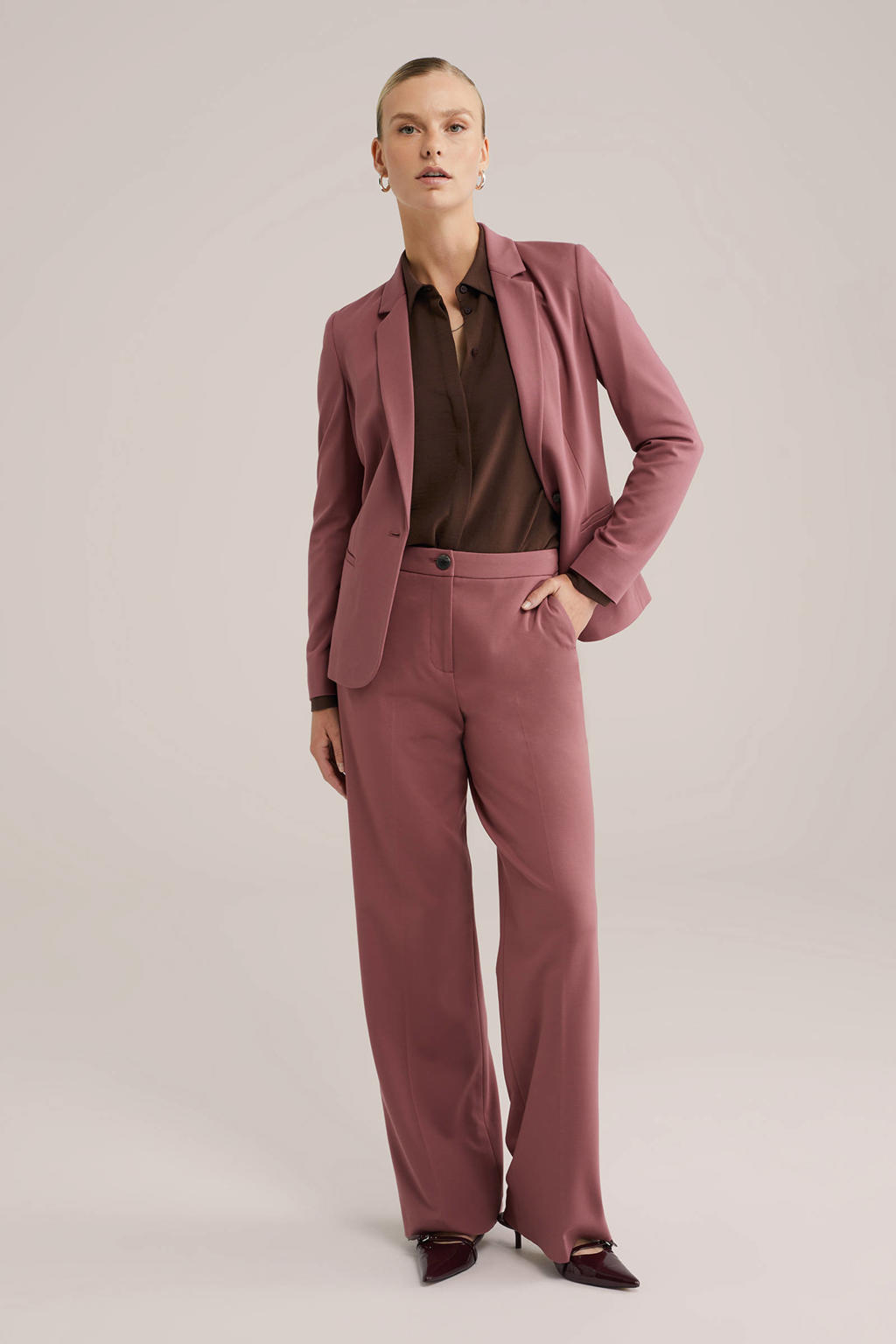 Donkerblauwe dames WE Fashion blouse van polyester met effen, lange mouwen, klassieke kraag en blinde knoopsluiting