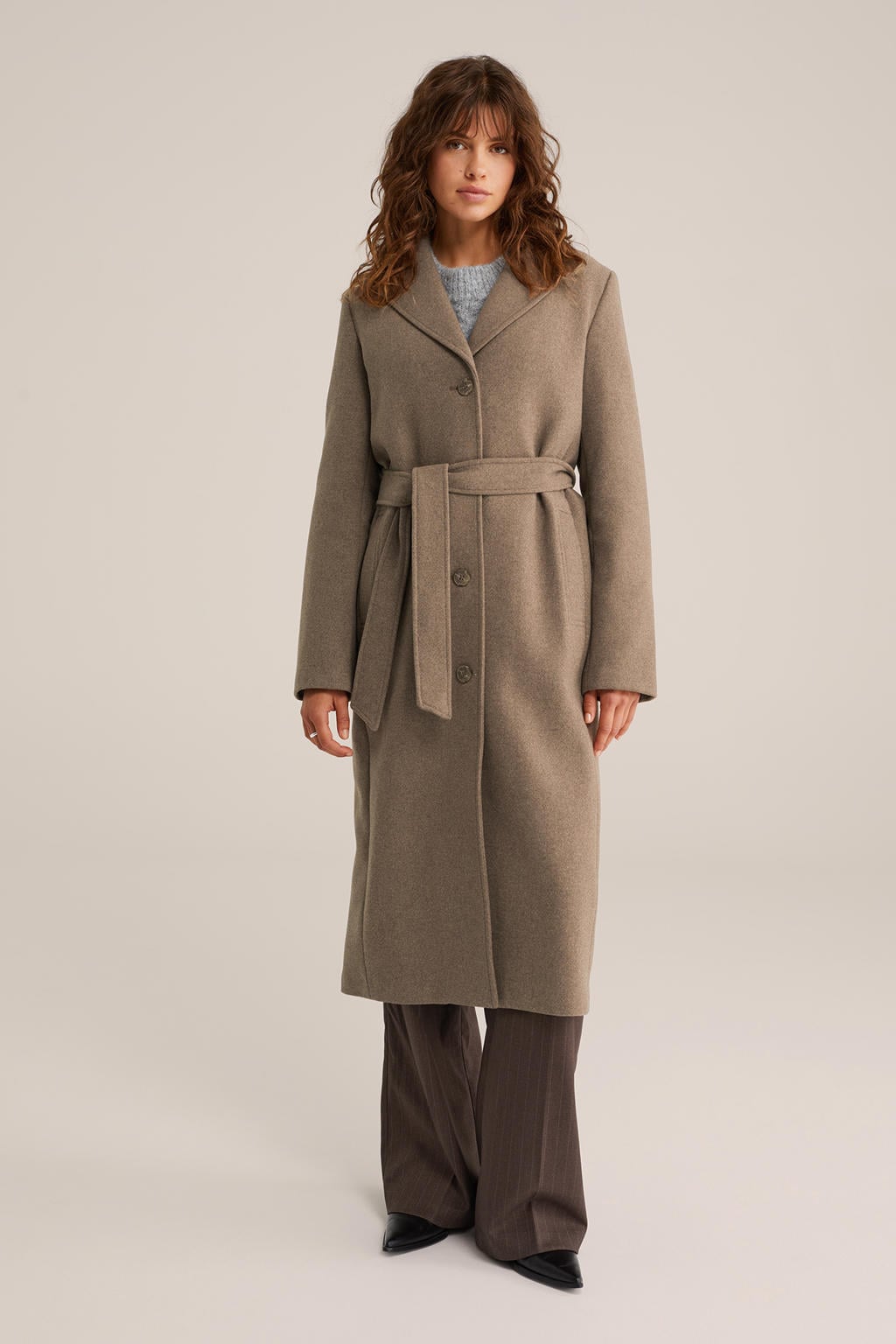 Bruine dames WE Fashion wollen trenchcoat met effen, lange mouwen, reverskraag, knoopsluiting en ceintuur