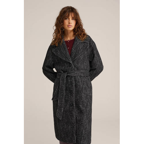 WE Fashion wollen trenchcoat zwart/grijs visgraat afbeelding