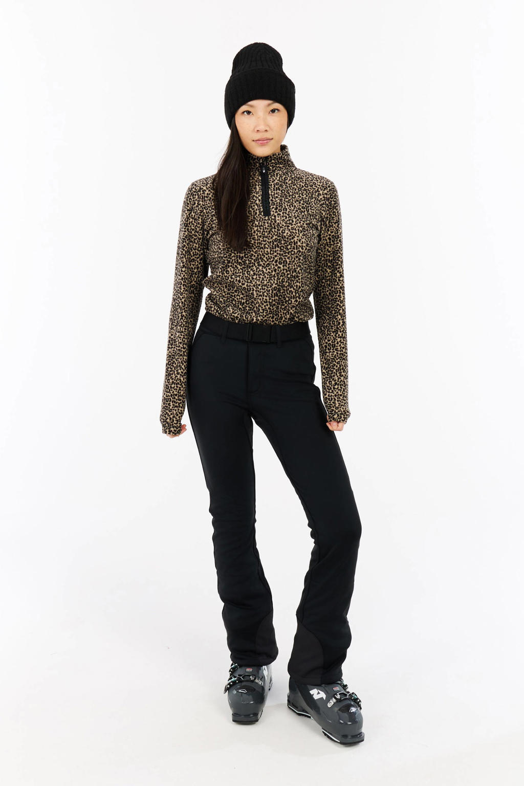 Zwart en beige dames Protest skipully PRTRefuzzy van fleece met dierenprint, lange mouwen, opstaande kraag en halve rits
