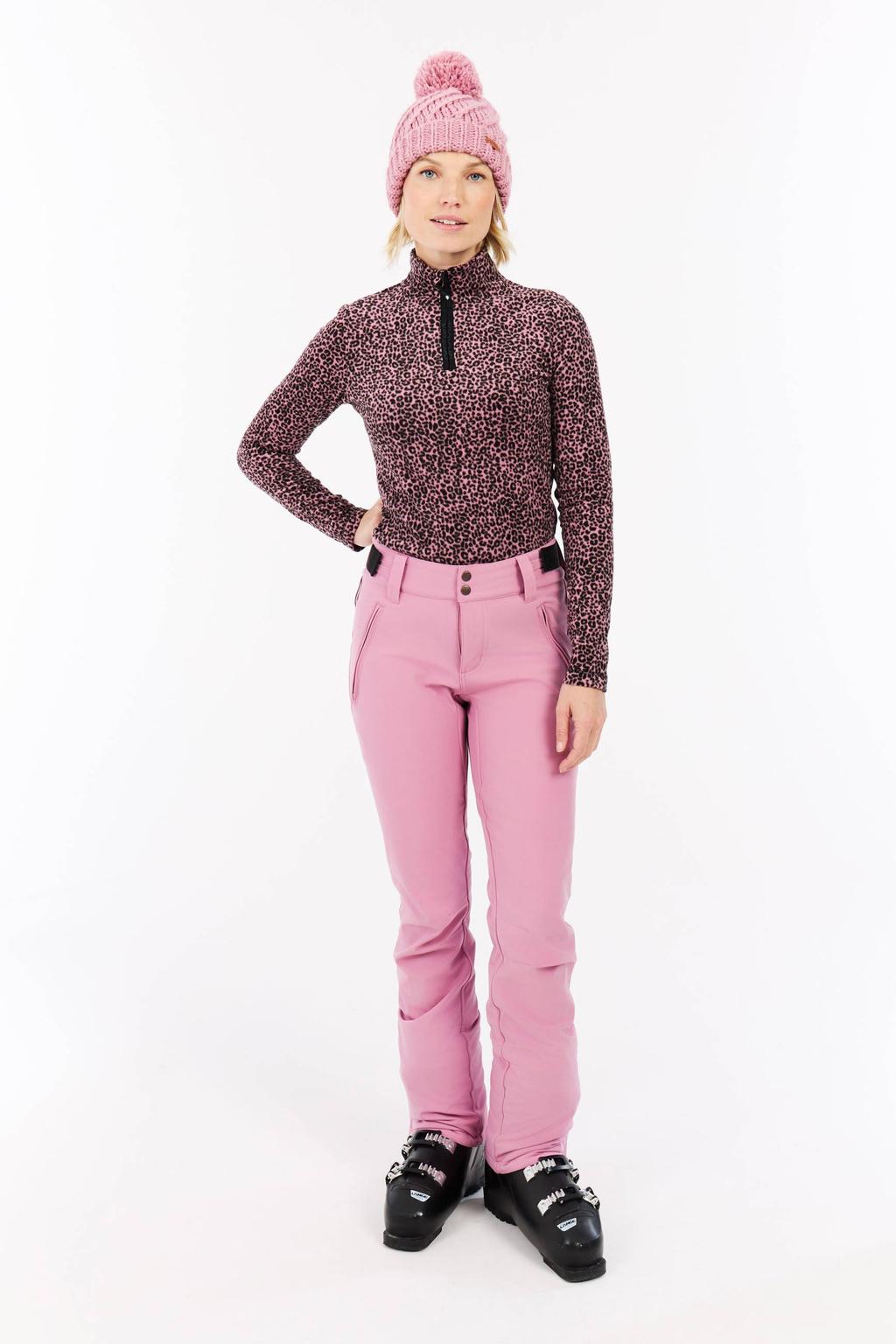 Roze en zwarte dames Protest skipully PRTRefuzzy van polyester met dierenprint, lange mouwen, opstaande kraag en halve rits