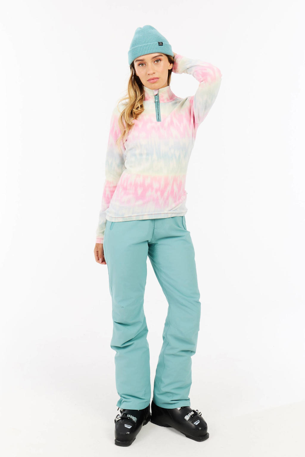 Lichtblauw, lichtroze en lichtgele dames Protest skipully PRTRefuzzy van polyester met meerkleurige print, lange mouwen, opstaande kraag en halve rits