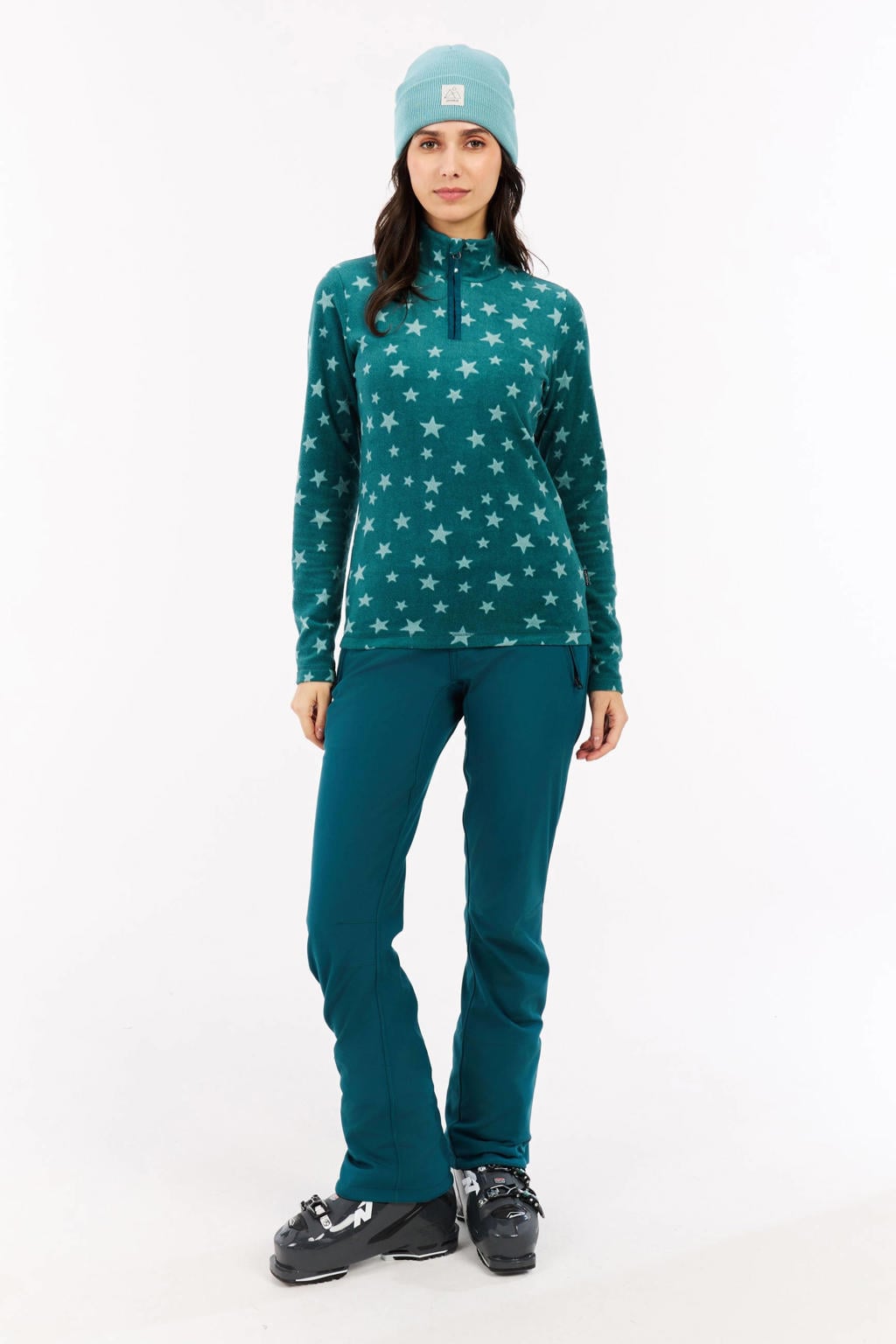 Petrol en witte dames Protest skipully PRTRefuzzy van fleece met sterrenprint, lange mouwen, opstaande kraag en halve rits