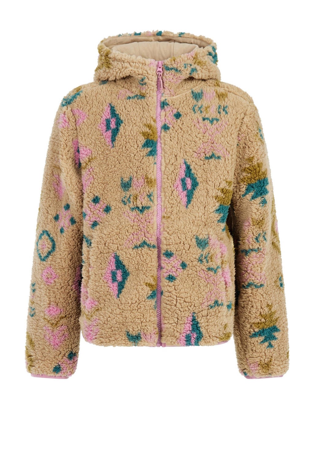Camel, roze en blauwe dames Protest fleece vest PRTEvelyn met grafische print, lange mouwen, capuchon en ritssluiting
