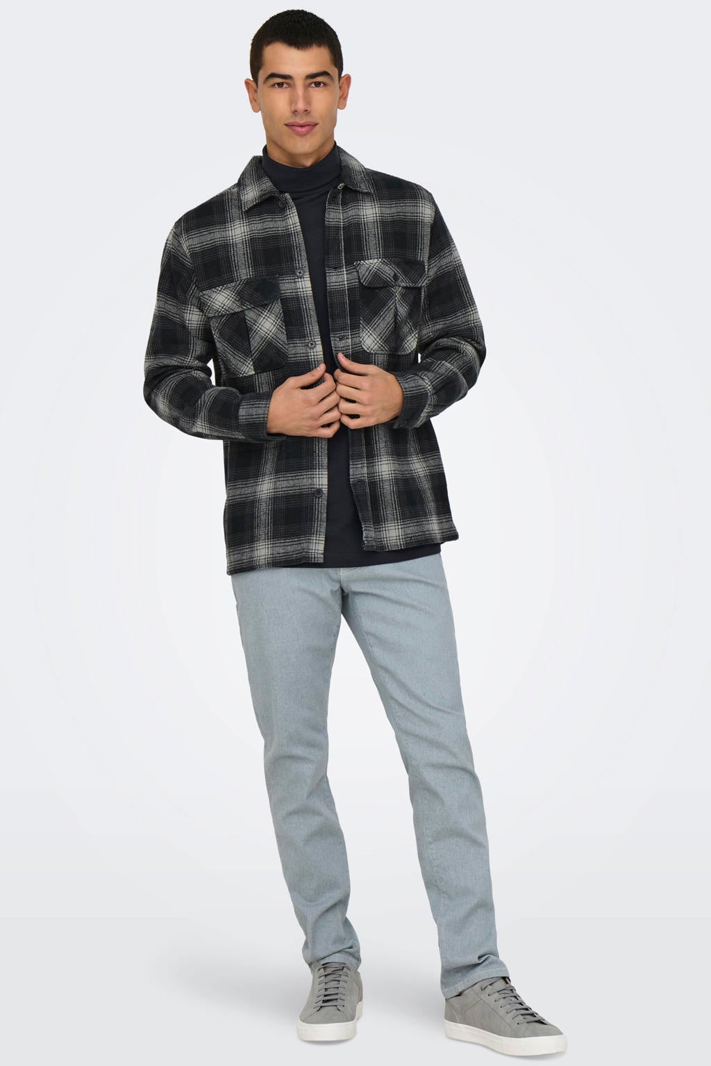 Grijze heren ONLY & SONS overshirt van katoen met lange mouwen, klassieke kraag, knoopsluiting en geweven detail