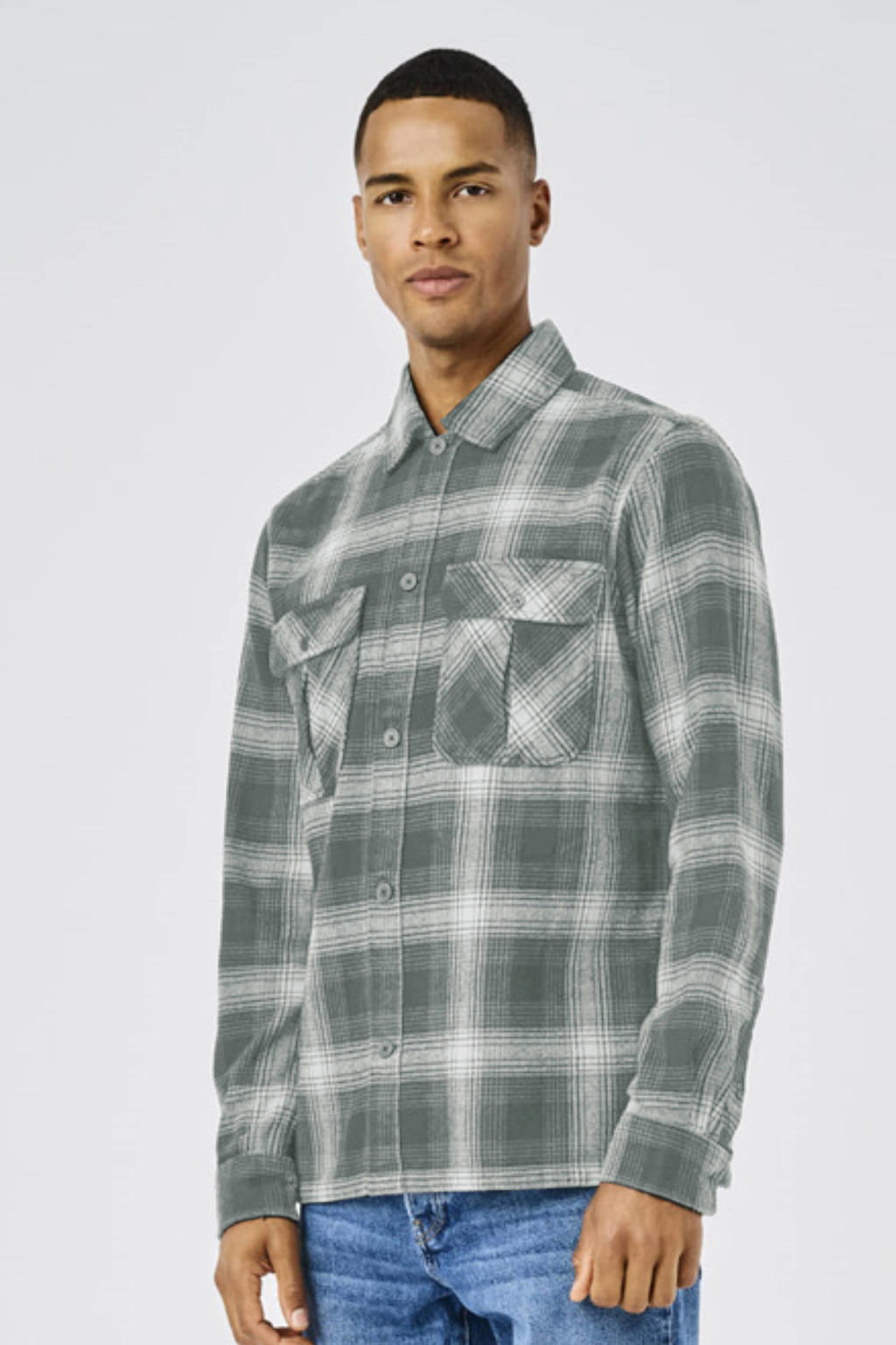 Groene heren ONLY & SONS overshirt van katoen met lange mouwen, klassieke kraag, knoopsluiting en geweven detail