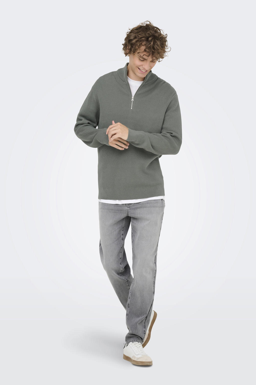 Grijsgroene heren ONLY & SONS pullover rib gebreid groen van katoen met effen, lange mouwen en opstaande kraag