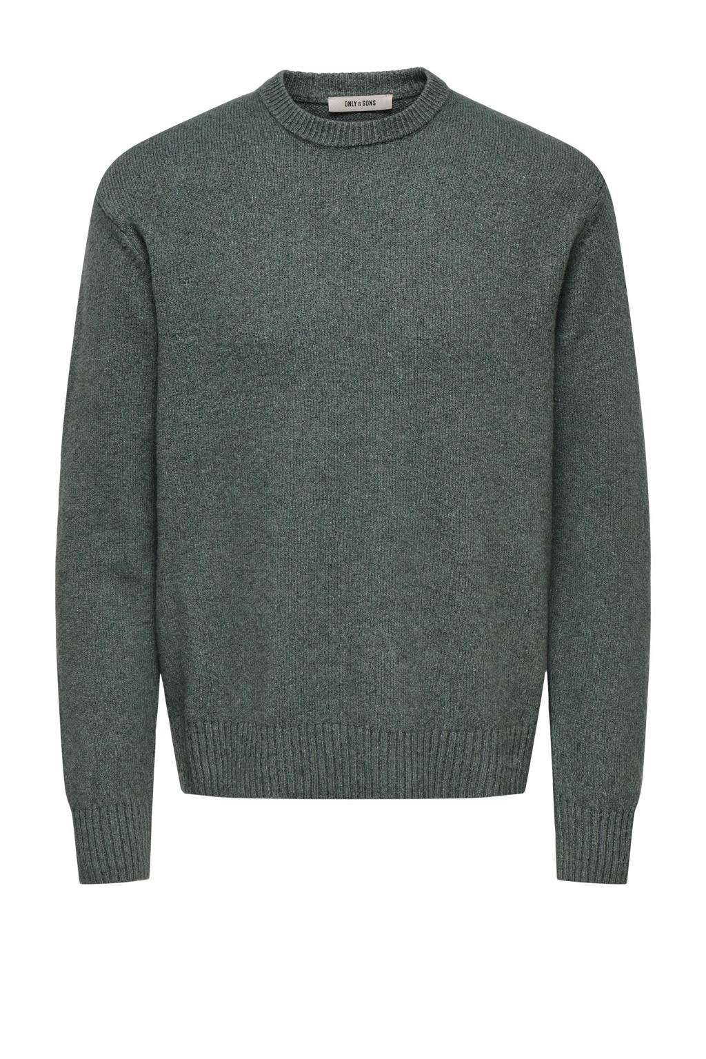 Groene heren ONLY & SONS pullover gebreid van wol met effen, lange mouwen en ronde hals