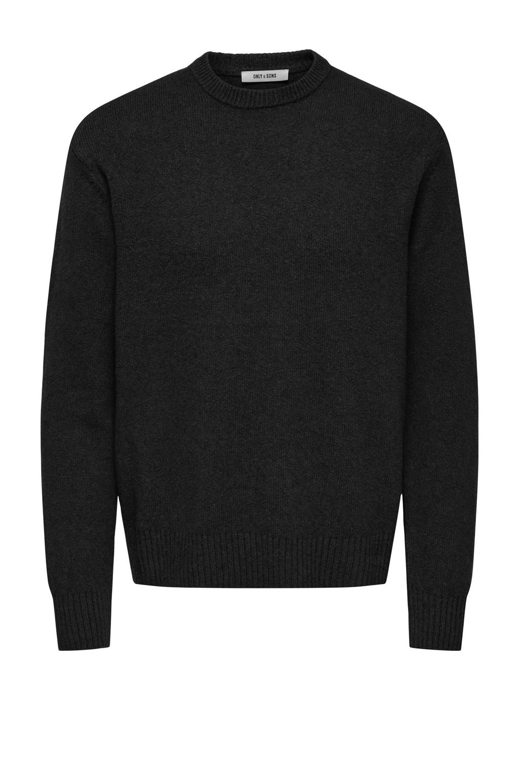 Zwarte heren ONLY & SONS pullover gebreid van wol met effen, lange mouwen en ronde hals