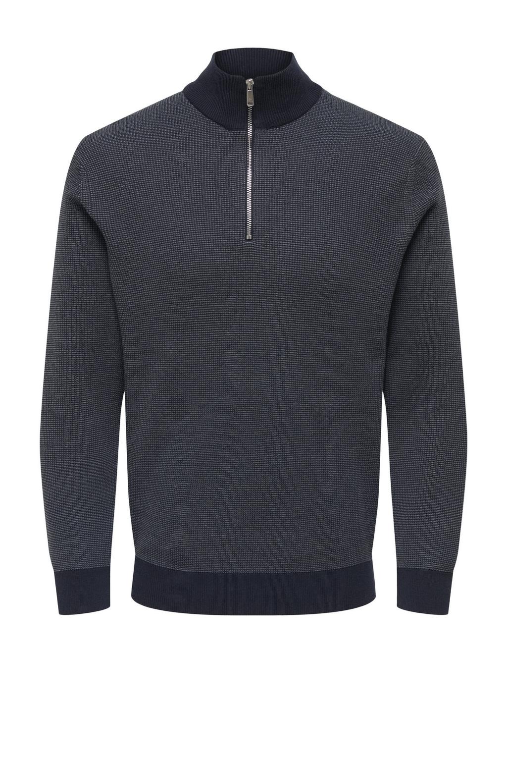 Donkerblauwe heren ONLY & SONS trui patroon met lange mouwen, opstaande kraag, halve rits en geribde boorden