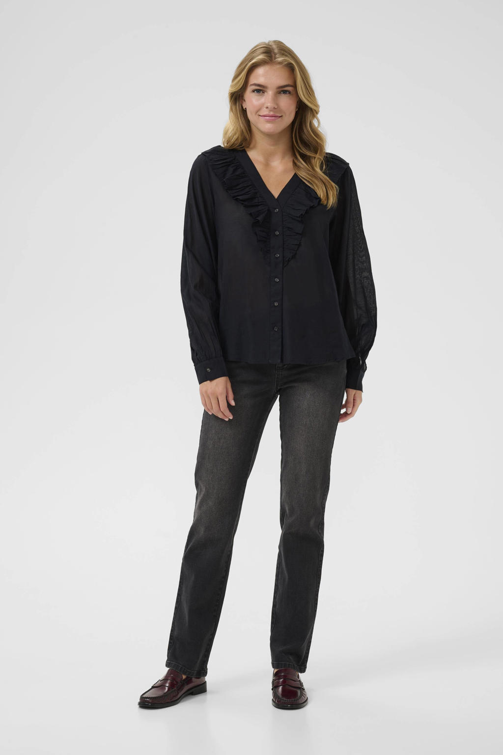 Zwarte dames Kaffe blouse van katoen met effen, lange mouwen, V-hals, knoopsluiting en ruches