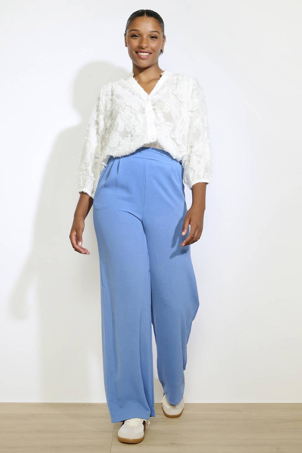 Blauwe dames LOLALIZA wide leg regular waist pantalon met rits- en knoopsluiting en effen