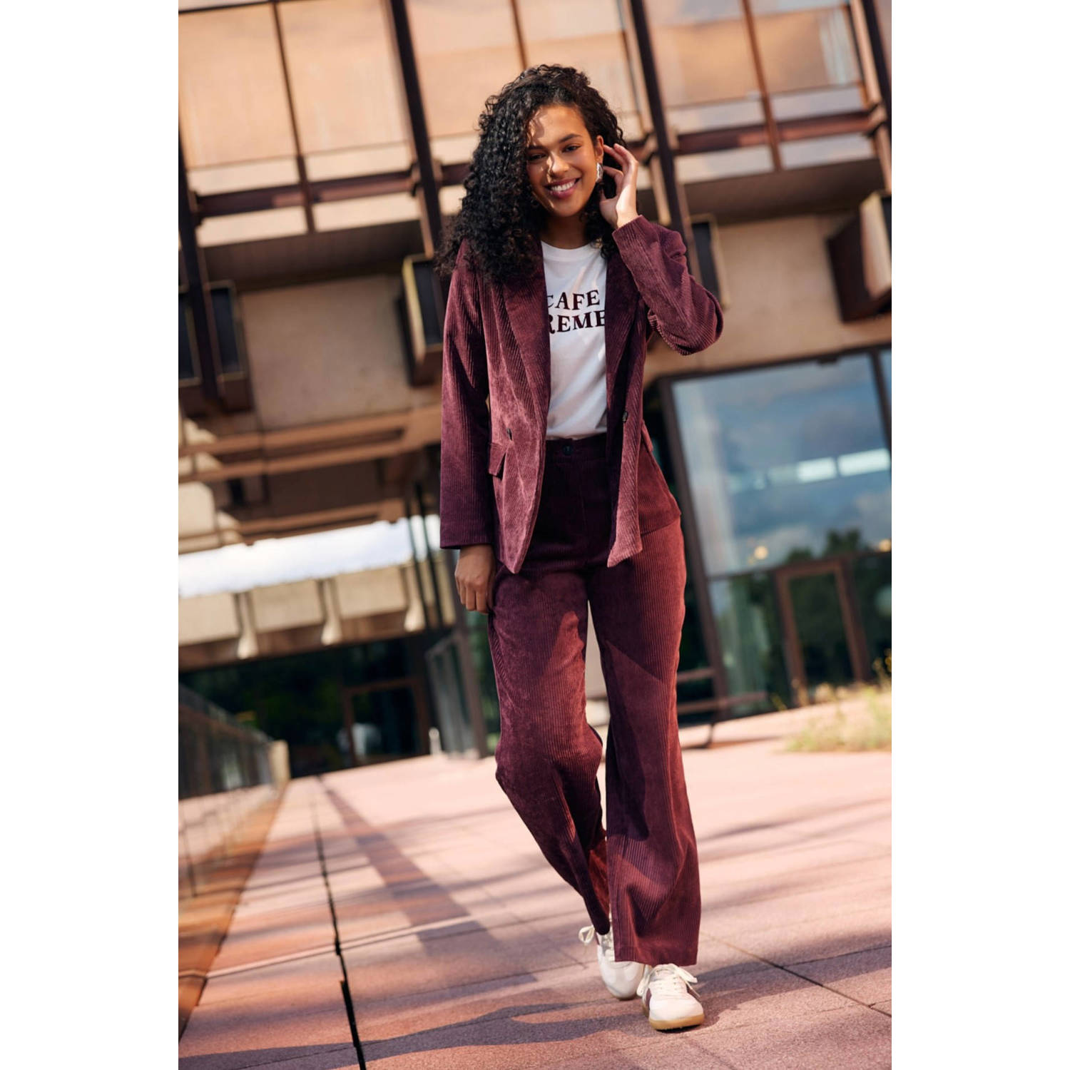 LOLALIZA corduroy wide leg high waist broek donkerrood