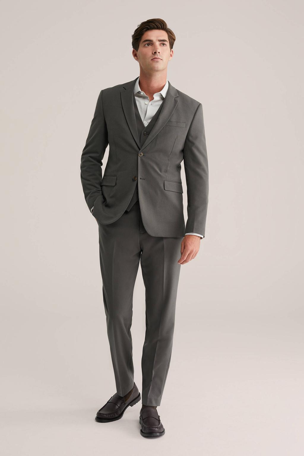 Grijze heren WE Fashion colbert van polyester met effen, reverskraag, knoopsluiting en geweven detail