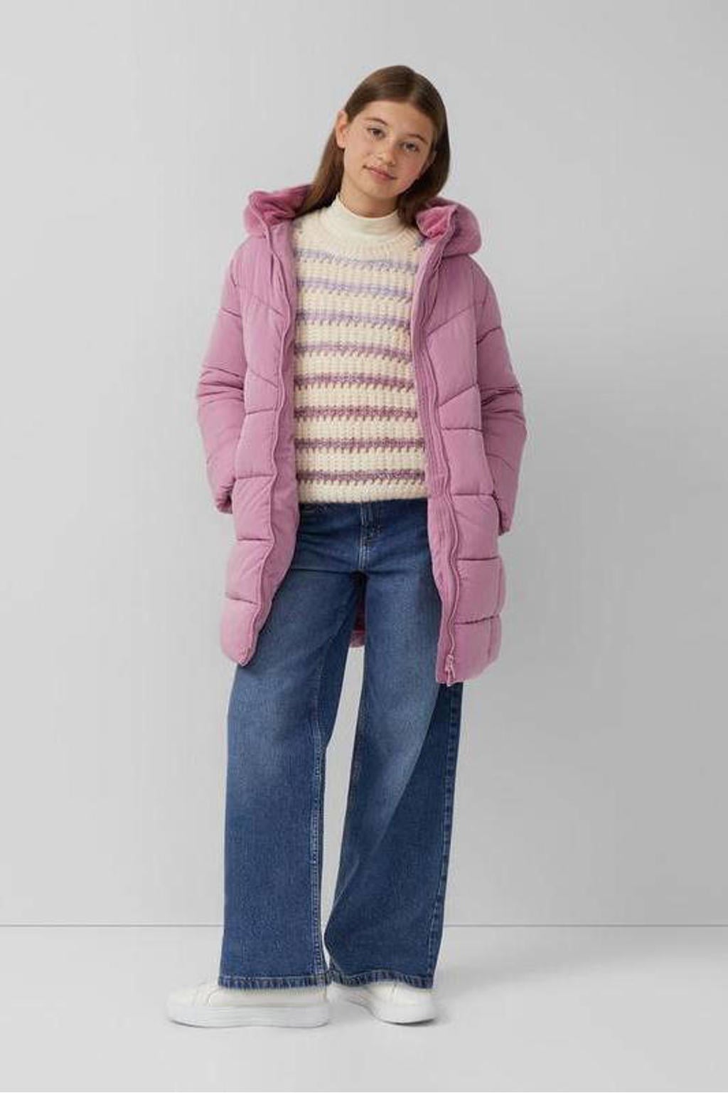 Roze meisjes s.Oliver lange gewatteerde winterjas van polyester met effen, lange mouwen, capuchon, ritssluiting en doorgestikte details