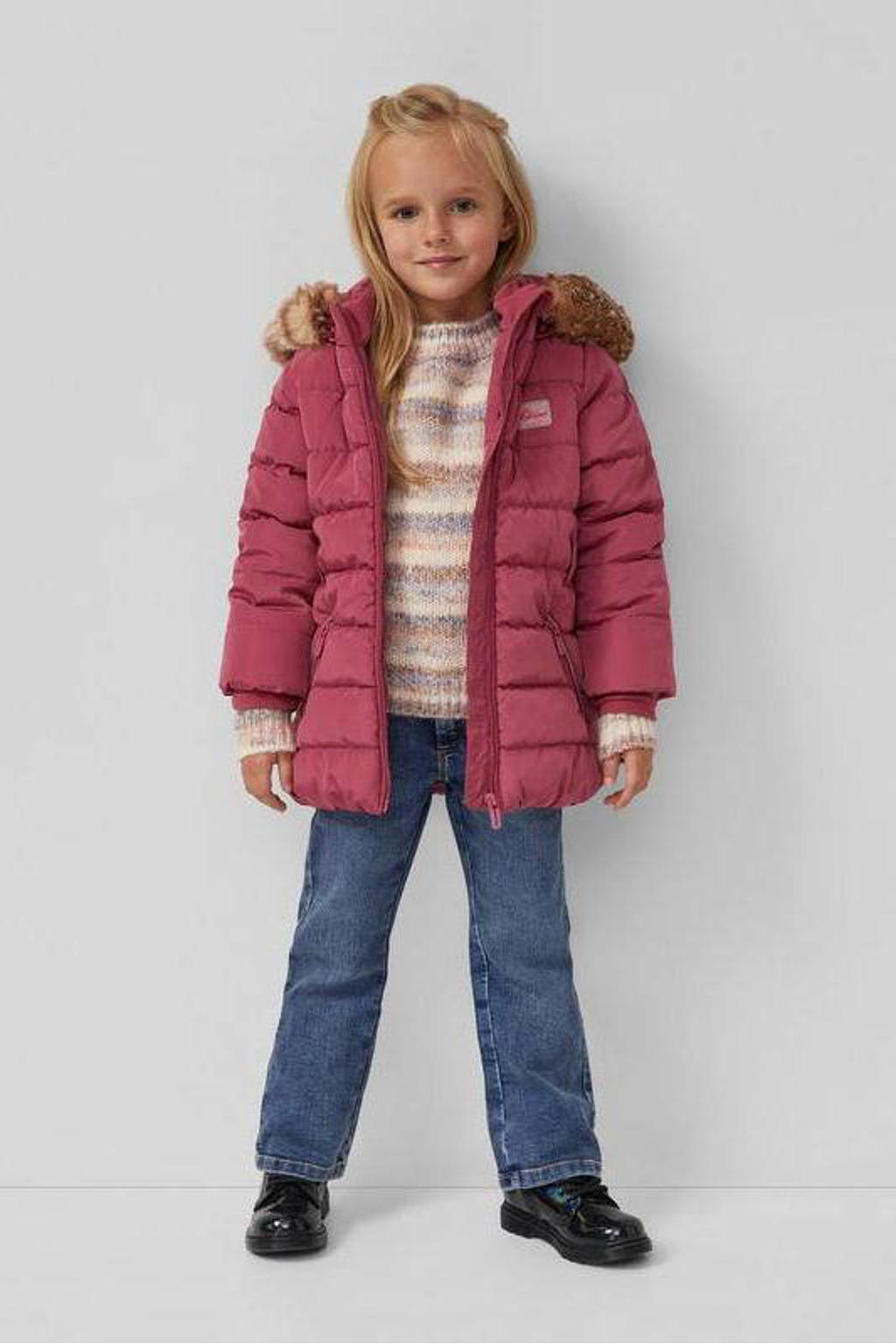 Roze meisjes s.Oliver gewatteerde jas van polyester met effen, lange mouwen, capuchon en ritssluiting