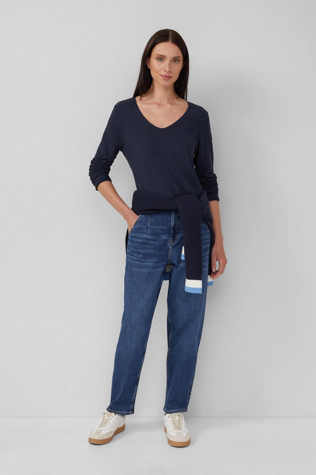Marineblauw dames s.Oliver top blauw met effen, lange mouwen en V-hals