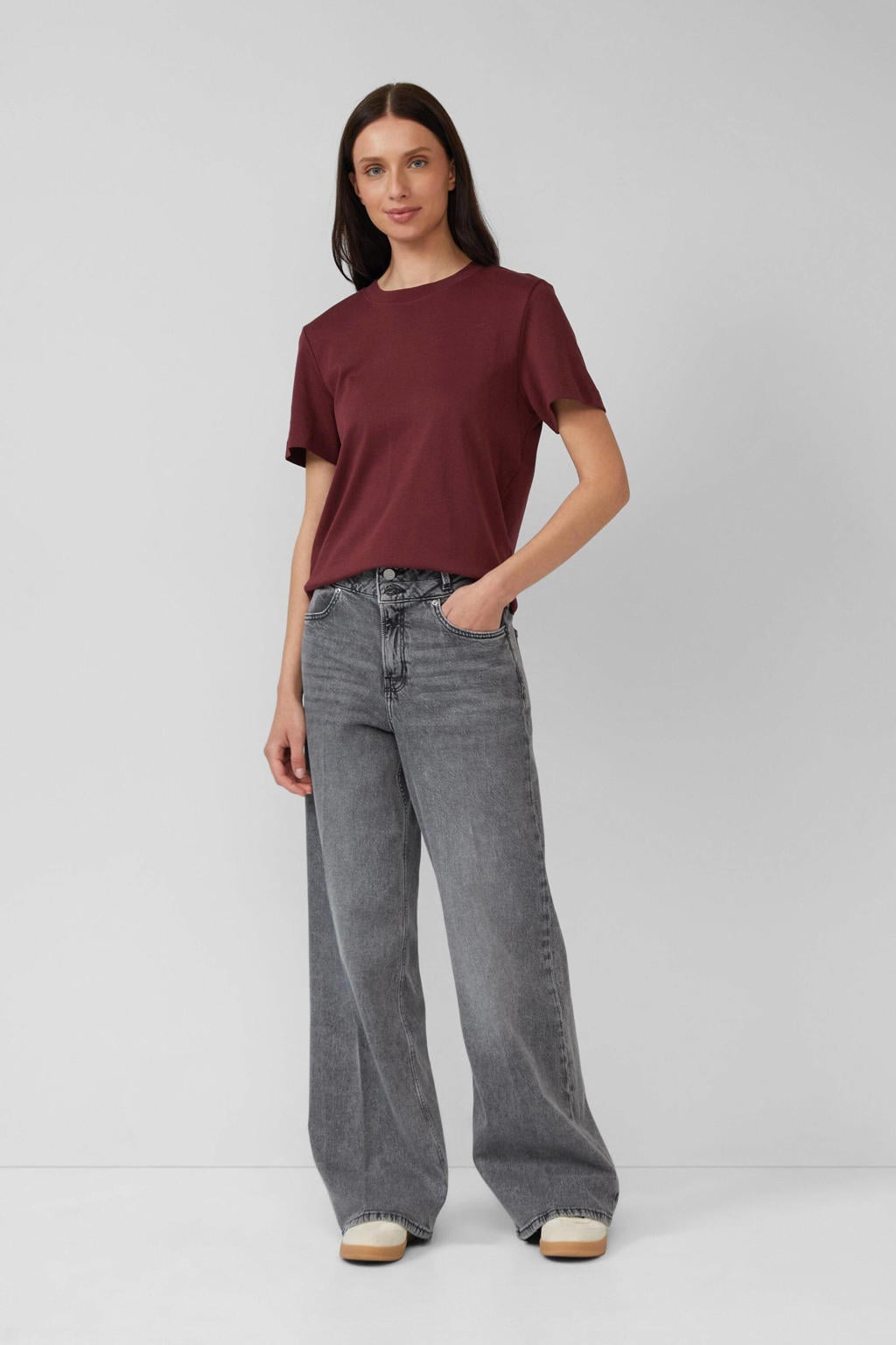 Grey denim dames s.Oliver high waist wide leg jeans van denim met rits- en knoopsluiting en effen