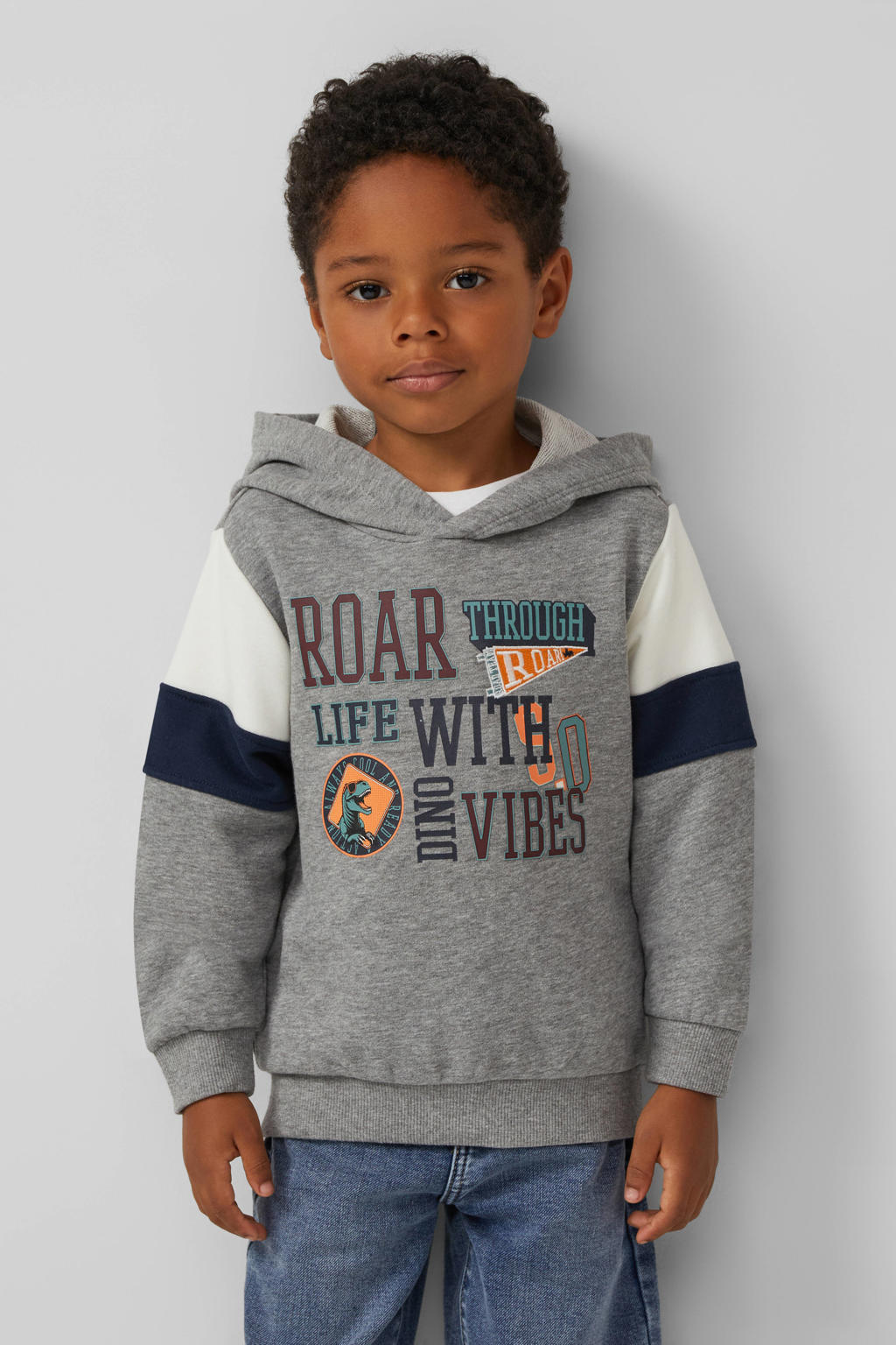 Grijze jongens s.Oliver hoodie van sweat materiaal met printopdruk, lange mouwen en capuchon