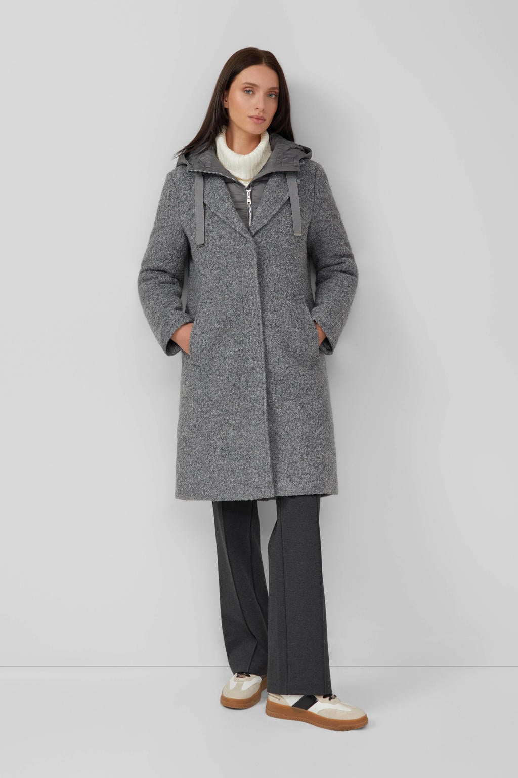 Grijze dames s.Oliver wollen manteljas met melée print, lange mouwen, capuchon, knoopsluiting en split