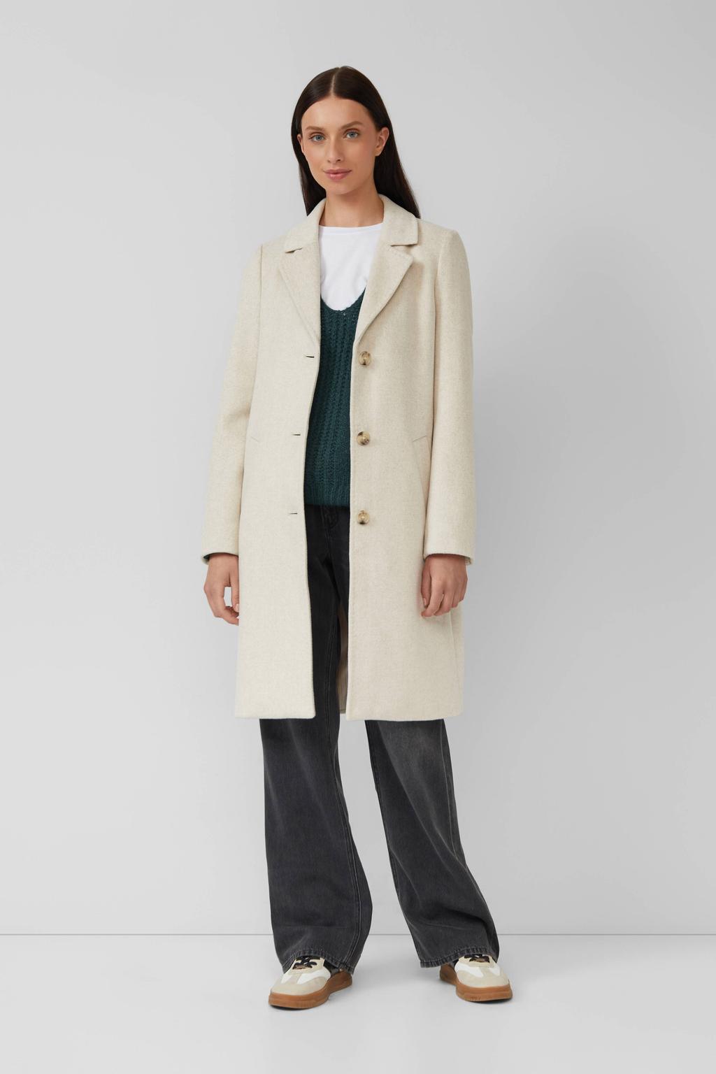 Beige dames s.Oliver wollen manteljas met effen, lange mouwen, reverskraag en knoopsluiting